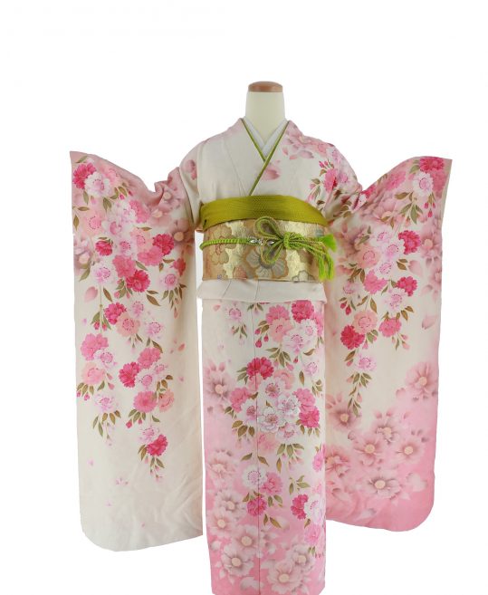 115 正絹 振袖 身長153~170cm 成人式 白 赤 八重桜 桜 バラ - レディース